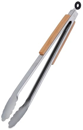 Relaxdays 2 x grilltänger, rostfritt stål, med trähandtag, lång koktång för grill och kök, 38 cm, kökstång med ögla, silver/natur