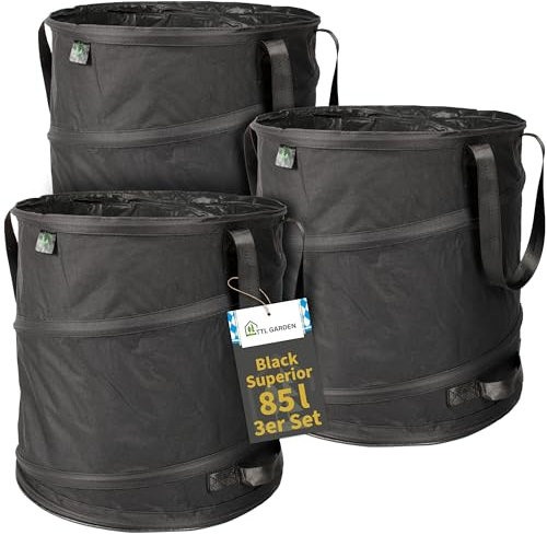 TTL Garden BLACK SUPERIOR 3x 85L Pop Up Gartensack - DOPPELTER BODEN 260gsm extra stabil 600D Oxford 3er Set 85 Liter Gartenabfallsack Laubsack faltbar Grünschnitt Garten Abfall selbstaufstellend