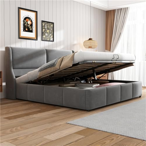 Gepolstertes Doppelbett, Ohren-kopfteil, Hydraulischer Stauraum, Mit Massivholzbrett, Grau – Modernes Design, Geeignet Für Schlafzimmer Für Erwachsene Und Jugendliche(Size:180x200cm)
