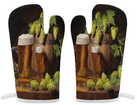 Thermal Gloves, Beer and Hop Cones Print Heat Resistant Gloves Oven Mitts Kitchen Gloves Cooking Gloves Microwave Gloves