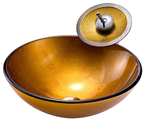 CLRAWSHB Badezimmer-WaschbeckenGehärtetes Glas-Waschbecken, künstlerisches Badezimmer-Waschbecken mit Wasserfall-Wasserhahn und Pop-Up-Ablauf, an Deck montiert