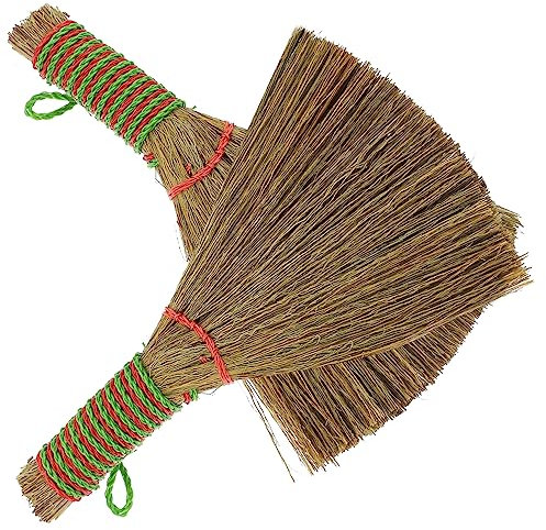FRCOLOR Small Straw Broom 2pcs Set with Short Handle Desktop Dust Broom for Home Cleaning and Kitchen Dusting, Compact Cleaning Brush for Furniture and Office Use