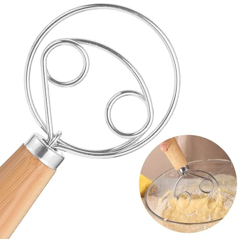 Dänischer Schneebesen 33 cm, Edelstahl Teigrührer mit Holzgriff | Manueller Teigrührer für Brot, Sauerteig, Pizza, Kuchen und Gebäck, leicht zu reinigendes Brot Backzubehör