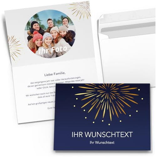 10 personalisierte Grußkarten Neujahrskarte Neujahr Silvester mit eigenem Text und Foto - Individuell anpassbare Karten Klappkarten mit Umschlag - Feuerwerk Grafik Nacht