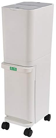 Cubo de basura doble de cocina con tapa abierta a presión, compacto y bonito, pequeño cubo de basura de plástico con ruedas, 32 L, vertical, rectangular, doble reciclaje para separación de residuos,