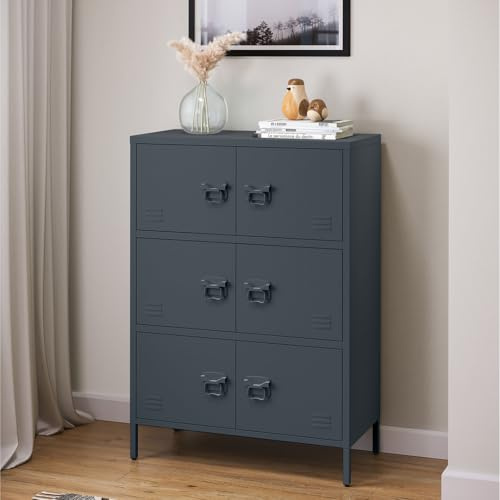skølm Zandor Metall Kommode – Sideboard mit 3 Fächern & 6 Türen – Metallschrank in Anthrazit – Mehrzweckschrank – Highboard 80 cm breit – höhenverstellbare Füße – Aufbewahrungsschrank – Flurschrank