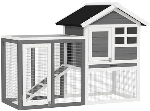 PawHut Conejera de Madera de 2 Niveles Jaula para Conejos con Zona Abierta Techo Asfáltico Bandeja Extraíble y Rampa Conejera para Exterior 123,5x62,6x92,5 cm Gris