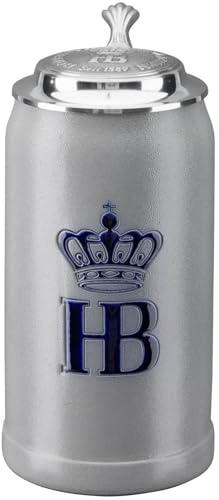 Hofbräuhaus München Stein Bierkrug 1 L Original Salzglasur mit Zinndeckel | Maßkrug | Bierglas mit HB Logo, Krug, Geschenkidee für Herren und Damen