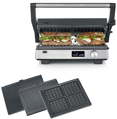 SEVERIN Kontaktgrill SEVINI FLEX, 3-in-1 Multikontaktgrill, hochwertige Keramikbeschichtung, XL-Grillfläche, spülmaschinengeeignete Grillplatten, Burger, Panini, 2000W, schwarz/Edelstahl, KG 2380