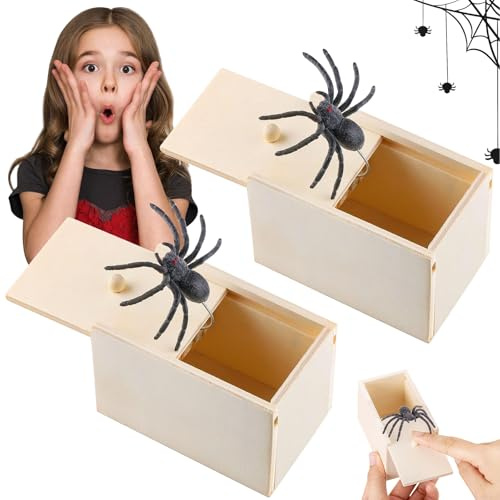 Spinne In Box, 2 Stück Holz Prank Spider Scare Box, Streich Spinne Scare Box, Spider Prank Box, Scherzartikel für Halloween Streic, Streich Spinne Angst Box, Spider Prank Toy für Kinder & Erwachsene