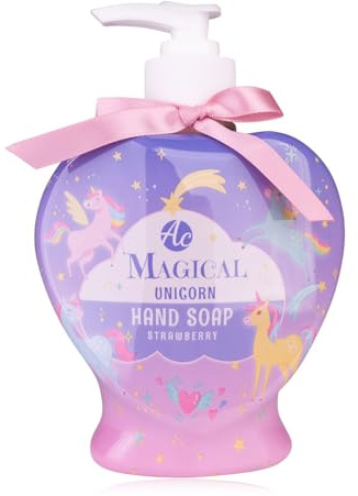 Accentra MAGICAL UNICORN - Savon liquide pour les mains pour fille - 400 ml - Distributeur à pompe - Avec licorne au design de cœur - Savon doux pour les mains avec nœud rose - Parfum : fraise