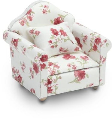 VOSSOT Puppenhaus Möbel Miniatur Sofa Set - Miniatur Sessel mit Kissen & Stoffbezug, Holzrahmen Puppenhaus Zubehör, Vintage Design für Sammler, Dekoration für Miniatur Wohnzimmer & Miniatur Zubehör