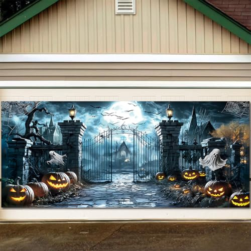 Lsseauto 7x16FT Halloween Garage Door Cover - Spooky Castle and Scary Night Decorations Banner - Full Moon Ghost and Evil Pumpkin Backdrop