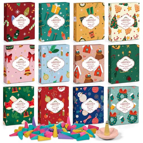 SCENTORINI Incense Cones 96 Pieces Incense Candle with Incense Holder 12 Fragrances Cinnamon, Cedar, Jasmine and Sandalwood etc. for Yoga, Meditation