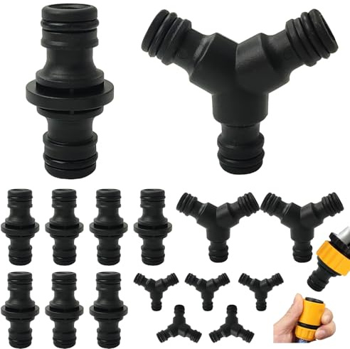 Lot de 16 Raccords de Tuyau D'arrosage, 8 Double Raccord Tuyau Arrosage + 8 Connecteur de Tuyau en Y 3 Voies, Connecteur Conduite d'eau 1/2 Pouce, Connecteur Tuyau Arrosage pour Lavage Auto & Jardin