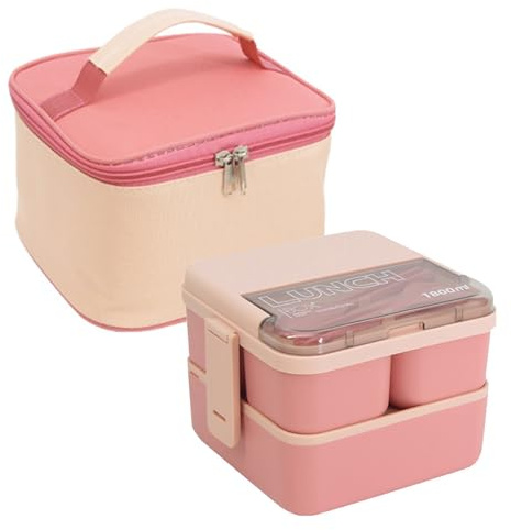 XMSHYODSM Bento Lunch Box with Compartments, 1800ML Bento Box with Insulated Bag & Cutlery, 2 Layer Leak Proof Bentos Boxs Meal Prep Container Boxs for Kids Adults School Office Picnic(Pink)