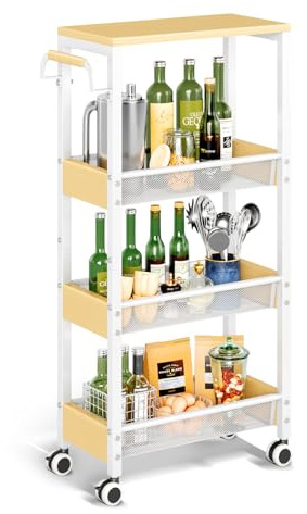 Utility 4 Tier Rolling Cart for Small Spaces, Slim Storage Cart with Wheels, Metal Narrow Kitchen Rolling Storage Cart with Wood Top& Handle for Laundry Room, White Thin Rolling Cart 7.9(W)