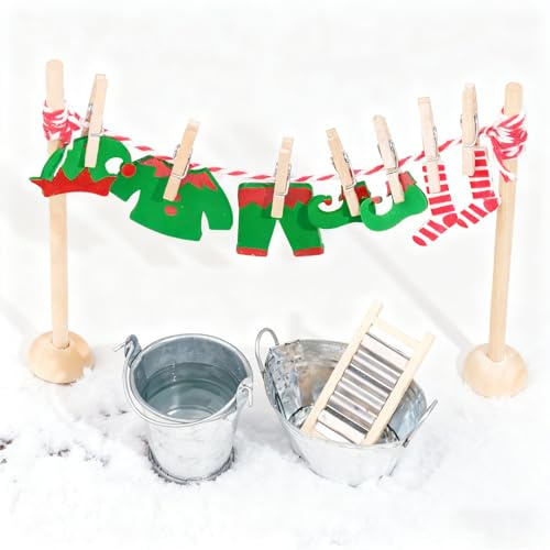 Wichtel Wäscheständer Set, 20 Stück Wichtel Zubehör, Miniatur Wäscheständer Set Weihnachten inkl. Eimer, Reibebretter,Holzbügel/Kleider, Miniatur Zubehör für Puppenhaus Möbel(Grün)