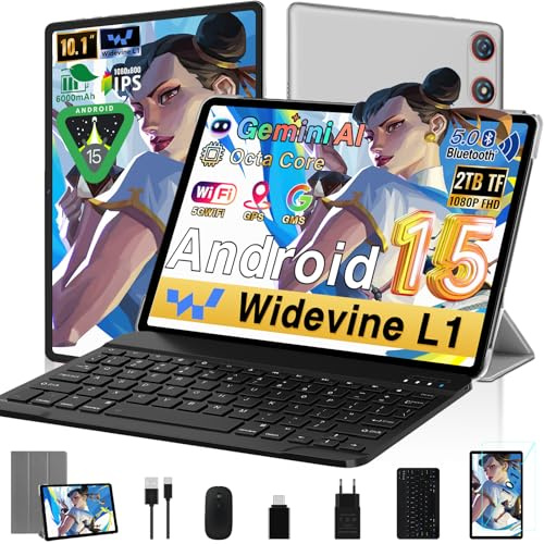 Tablet 10 Pollici Android 15 ｜ 64GB ROM + 2TB TF｜5G WiFi 6｜Octa-Core 2.0Ghz｜ 5MP + 8MP｜ GMS｜1280 * 800 FHD IPS｜Doppia Fotocamera ｜Bluetooth 5.0｜ 2026 Newest Tablet 2 in 1 con Tastiera e Mouse, Argento