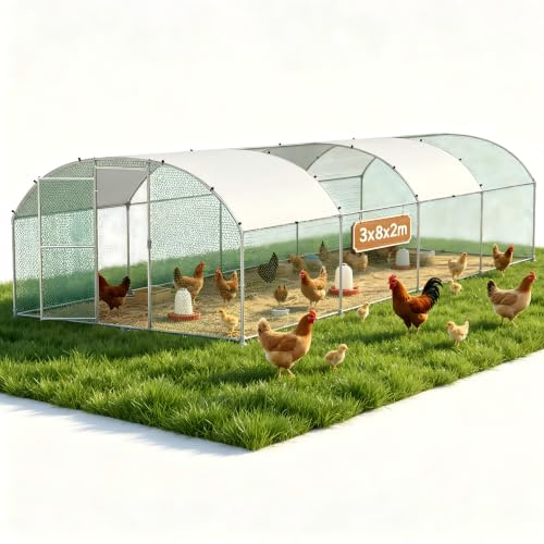 Suusolny Freilaufgehege Bogen Dach 3x8x2m,Hühnerstall aus Verzinkter Stahl Mit PE Dachabdeckung,Verdickte PVC Verbinder &Riegel für Haustierkäfig Hühnerkäfig Kleintiere Pflanzen | Feinmaschiges Drahtgitter schützt Hühner vor Fressfeinden im Außenbereich
