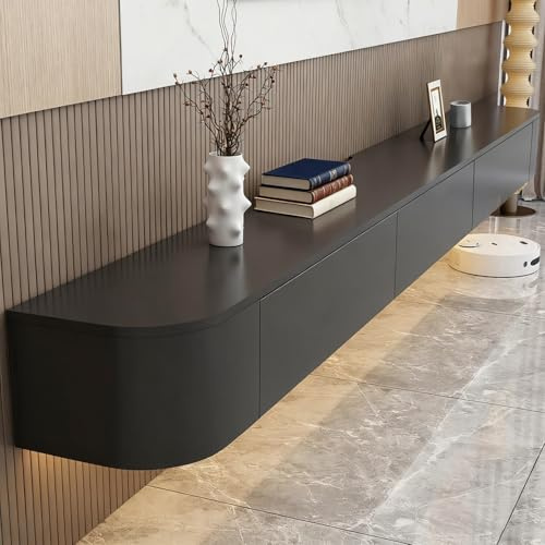 Wrtsxe Schwebende TV-Ständer aus Massivholz zur Wandmontage, Wand-Entertainment-Center mit Lagerschränken und herunterklappbaren Türen, schwebend für Wohnzimmer, Schlafzimmer, Büro (Noir, 180cm)