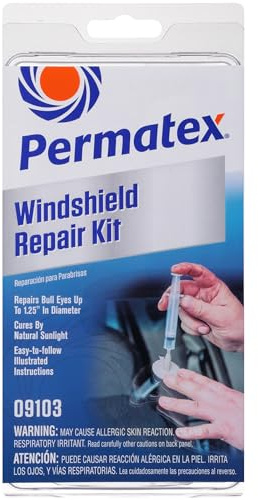 Permatex 09103 Kit de reparación de Parabrisas, Reparaciones de Calidad Profesional, no Requiere Mezcla, Resina Cura por luz Solar Natural, Instrucciones fáciles de Seguir, 1 x 0,75 ml