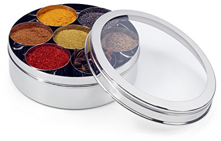 Zinel Masala Dabba Boîte à épices/avec 7 Compartiments et 2 couvercles en Acier Inoxydable, Silver, 20 cm