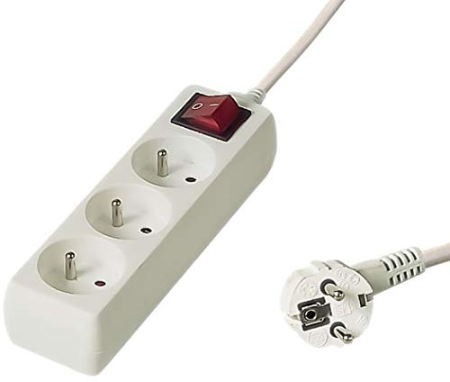 PremiumCord Regleta 230V, 3 Tomas con Interruptor, Extensión 230 V, Tomas Francesas Giradas 45°, Toma Múltiple Seguridad Infantil, Blanco, 10m
