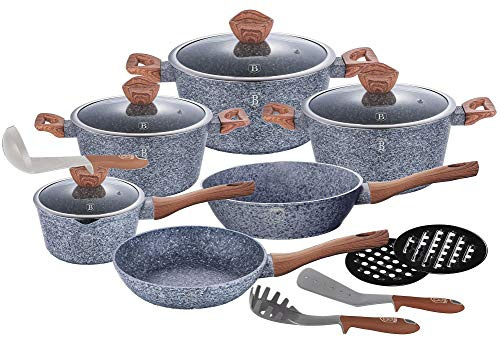 Batteria 15 pz pentole e padelle in pietra con coperchi in vetro Berlinger Haus BH-1213