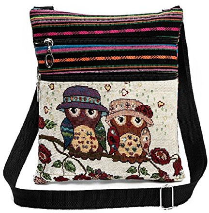 Flache Umhängetasche Schultertasche Stofftasche Tragetasche Messenger Bag für Damen Bestickter Ethno Style mit niedlichem Eulenmotiv 2 Innenfächer (Behütete Eulendamen)