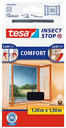 tesa Insect Stop Comfort Fliegengitter für bodentiefe Fenster/Insektenschutz mit Selbstklebendem Klettband in Anthrazit + 1 Rolle Fliegenfänger Gratis (10x 130 cm x 150 cm)
