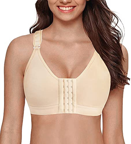 YIANNA Postoperativ sport-bh utan bygel, Framknäppning, Bekväm racerback-bh efter bröstoperation, Beige, XL