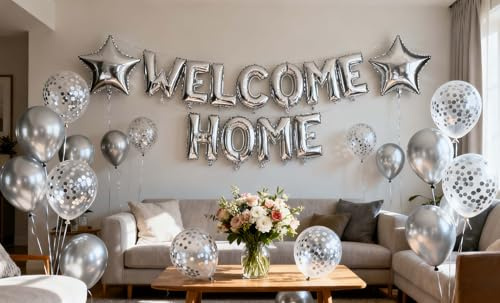 FACHY Herzlich Willkommen Zuhause Deko, Willkommen Zuhause Banner Ballon mit Stern Konfetti Luftballons für Willkommen Zuhause Baby Deko Familie Party Dekoration(24 Stück)(Silber)