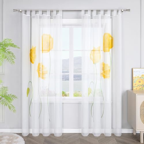 SCHOAL Gardinen mit Schlaufen Transparente Vorhänge Voile Gardinenschal Modern Blumen Muster 1 Stück BxH 150x225cm Gelb