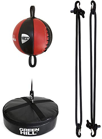 Palla Tesa Francese Omega Speed Ball Pera Boxe Pugilato Green Hill Vera Pelle (Palla + Elastici + Base a terra, Colore Palla Nero/rosso)