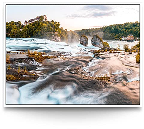BilderKing Wandbild Wasserfall Rheinfall - 200cm x 150cm Leinwand auf 2cm Keilrahmen mit Schattenfugenrahmen weiß