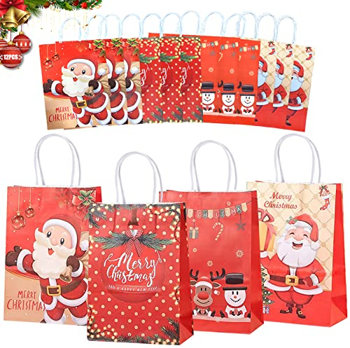 Geschenktüten Weihnachten, 12 Stücke Weihnachtstüte mit Henkel Weihnachts Kraft Geschenktaschen Weihnachten Geschenk Papiertueten für Weihnachten Weihnachtsgeschenke Geschenkverpackung (A)