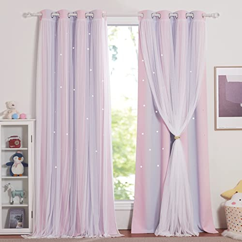 NICETOWN Barngardiner – mörkläggningsgardin fönsterdekoration med perforerade stjärnor, elegant draperi för sovrum med öljetter, 132 x 260 cm, rosa + lila, set om 2