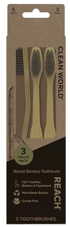 REACH Clean World - Spazzolino da denti in bambù naturale, setole morbide a base vegetale, bambù e cartone certificato FSC, confezione riciclabile, 3 pezzi