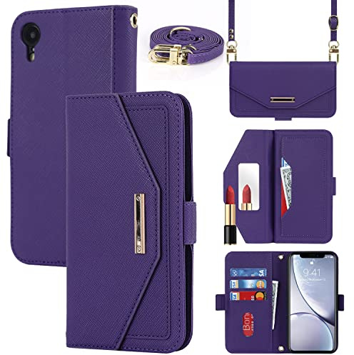 CAVOR Handykette Handyhülle kompatibel mit iPhone XR Hülle Mit Band,Flip Leder Geldbörse Handyhülle,[Spiegel][5 Kartenfach][Magnetisch],Klapphülle Handytasche zum umhängen - Lila