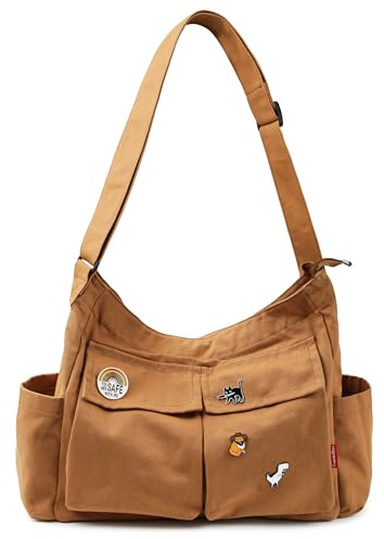 Captain Blues Large Capacity Canvas Messenger Shoulder Bags for Women, Soft and Solid Denim Leisure Travel Bag with Multiple Pockets and Adjustable Straps - Perfect Denim Crossbody Bags (Brown)