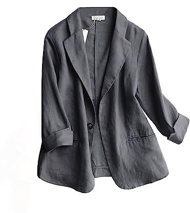 IDEALSANXUN Blazer léger en Coton et Lin à Manches 3/4 pour Femme, Gris, XX-Large