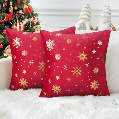 2 Stück Kissenbezug Weihnachten Rot 50x50cm Samt Kissenhülle Winter Gold Schneeflocke Deko Kissenbezug Sofakissen Flauschig Dekokissen Kissenhülle für Sofa Schlafzimmer Wohnzimmer Balkon Kinder