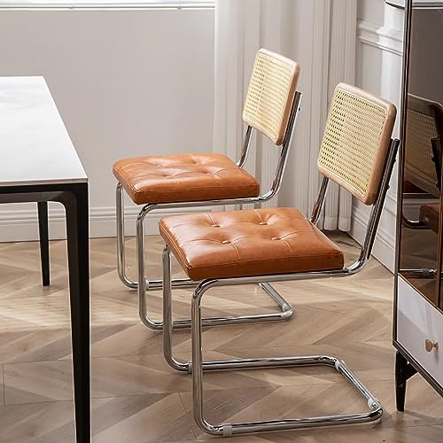 lirrebol Rattan-Esszimmerstühle, 2er-Set, moderner Mid-Century-Stuhl mit Rattan-Rückenlehne, gepolsterte Küchenstühle aus PU-Leder, armloser Beistellstuhl für Küche, Wohnzimmer, Schlafzimmer, Orange