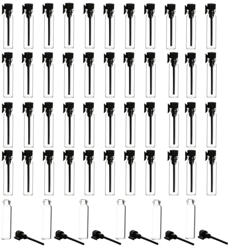 SKYPRO 50 Empty 2ml Sample Perfume Bottles, Essential Oils, Mini Refillable Glass Bottles for Aromatherapy, Fragrances and Liquids, Black Cap