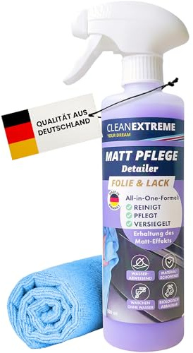 CLEANEXTREME Auto Mattlack-Pflege mit Versiegelung 500 ml + Mikrofasertuch | Set zum Pflegen von Autolack Matt, Matt-Folie, Autosprühfolie. Entfernt Schmutz, Staub, Fingerabdrücke - Waschen ohne Wasser