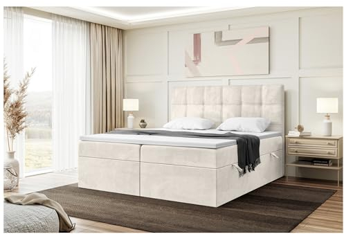 MEBLINI Boxspringbett mit Bettkasten - Gepolstert Doppelbett mit Matratze und Topper - Polsterbett mit Stauraum - Bett mit Kopfteil - Kai - 180x200 - H4/Creme Samt