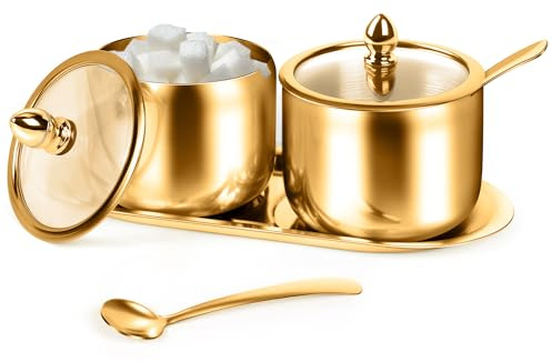 holoith 2 Pcs Coffee and Sugar Dispenser with Tray - 10 oz Sugar Bowl with Glass Lid and Spoon for Coffee Bar Accessories Kitchen Storage for Salt,Coffees Bean,Brown Sugar Cubes (Gold)