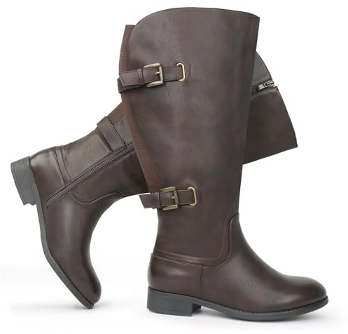 Chicblooms Botas clásicas de caña ancha con tacón plano y doble hebilla trasera elásticas para mujer
