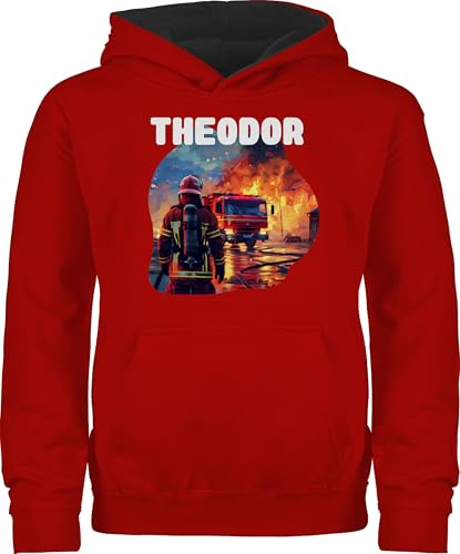Pullover Kinder Hoodie Jungen Mädchen - Feuerwehrmann mit Name | Personalisierte Feuerwehr Geschenke - 116 (5/6 Jahre) - Rot/Schwarz - Feuerwehrauto Kind jugendfeuerwehr feuerwehrgeschenk